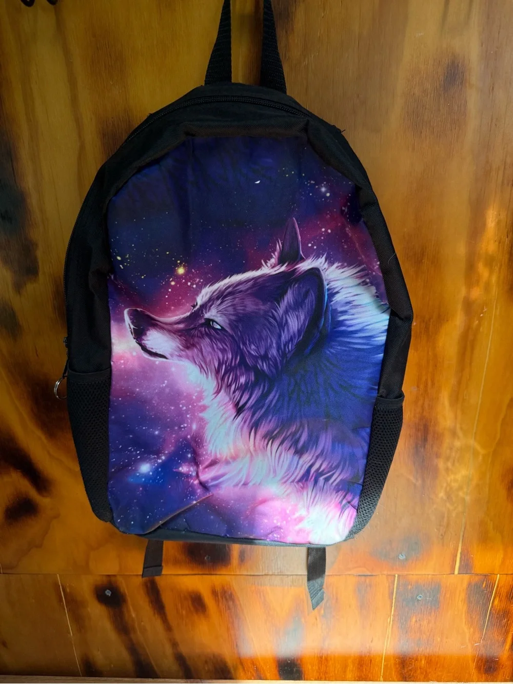 Galaxy Wolf Kids Backpack in Black with Purple and Blue Print